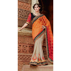 Tremendous Orange Colored Embroidered Net Jacquard Saree